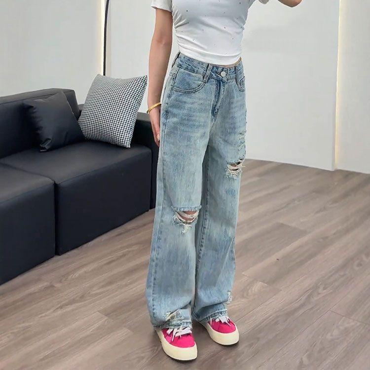 Lockere hellblaue Jeans mit Löchern für Damen, Herbst, Retro, hoch tailliert, eng anliegend, schmal gerade, Bettlerhose, Retro-Streetstyle, Baggy-Jeans für Damen