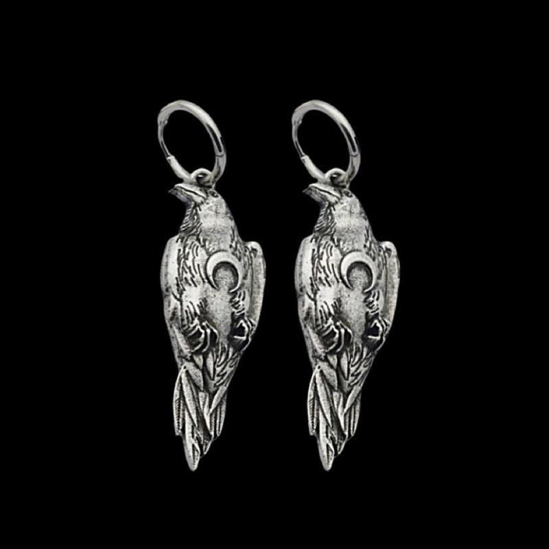 Retro Gothic Crescent Raven Bird Dangle Earrings Necklace Premium Alloy Jewelry Set for Halloween Party Friend Gift