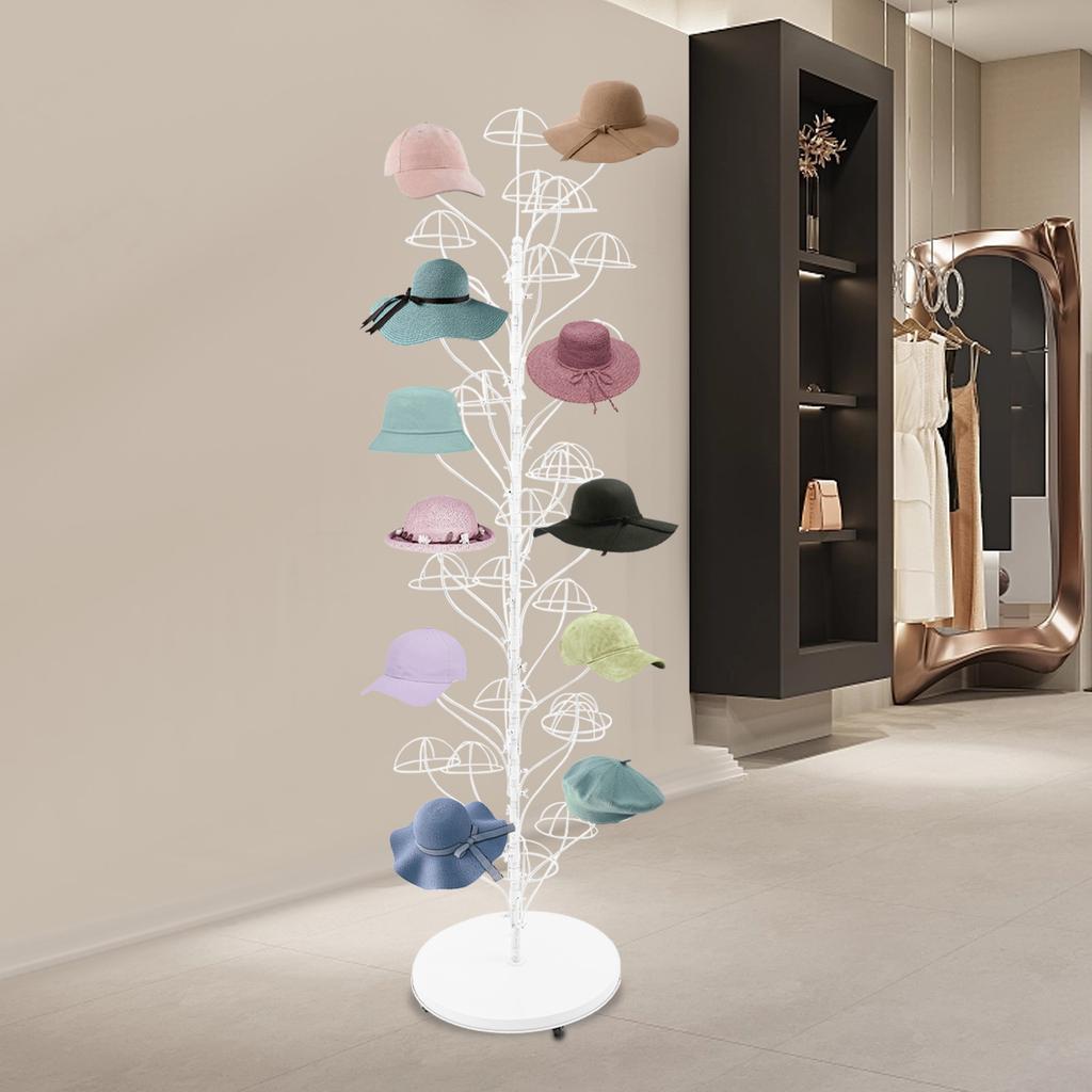 35-Hanger Rolling Hat Display Stand, White Floor-Standing Wig Cap Rack with Wheels - Adjustable 175cm Commercial Hat Holder