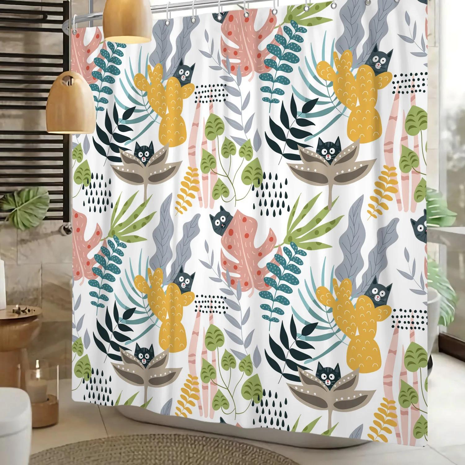 

Tropical Plant Leaf Shower Curtain Watercolor Leaves Print Bathroom Decoration Polyester Fabric Waterproof Bath Curtain 12 Hooks W60H190(CM)-1 Pcs