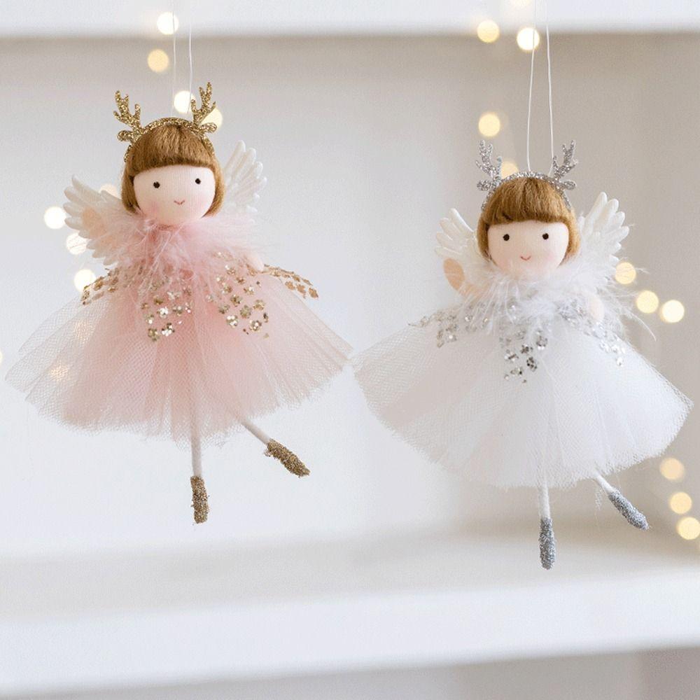 2pcs Plush Christmas Mesh Dress Girl Pendant Cartoon Xmas Tree Pendant  Home Xmas Decor