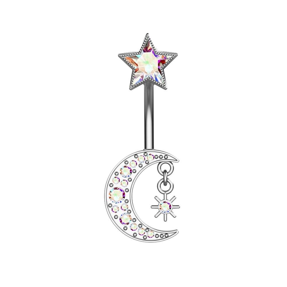 1pcs Moon Belly Button Rings 316L Steel Zircon Pendant Navel Piercing Ring for Women Body Belly Piercing Jewelry Silver Color