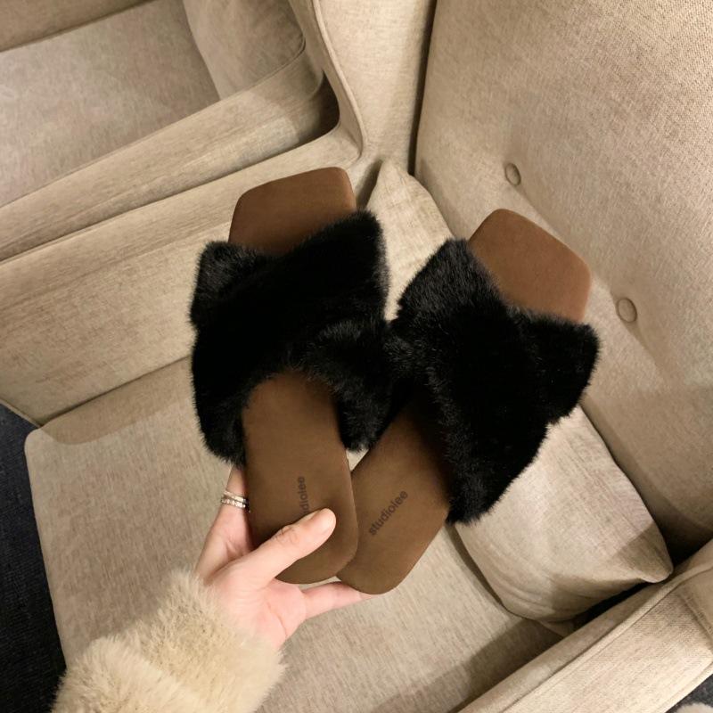 

Виноградная студия motherlee темперамент квадратный носок перекрестный ремешок ленивый универсальный леопардовый принт верхняя одежда пушистые тапочки женские осень и зима 35