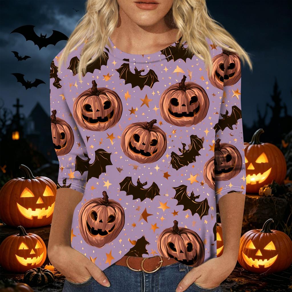 Women's Casual 3/4 Sleeve Halloween Print Pullover Top Round Neck Lightweight Loose Fit Shirt for Fall and Everyday Wear