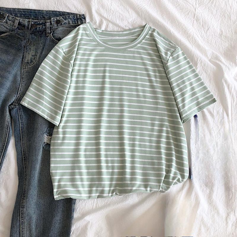 

Летняя европейская и американская полосатая футболка с короткими рукавами, свободный повседневный топ, женская одежда 2XL зелёный