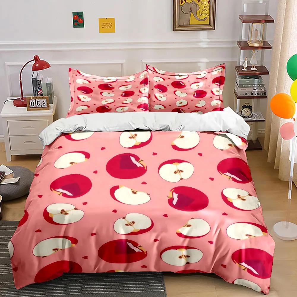 Apple Pattern Decorative Set Bedding Set with 1 Duvet Cover 2 Pillowcases Single Double King Queen, Gift