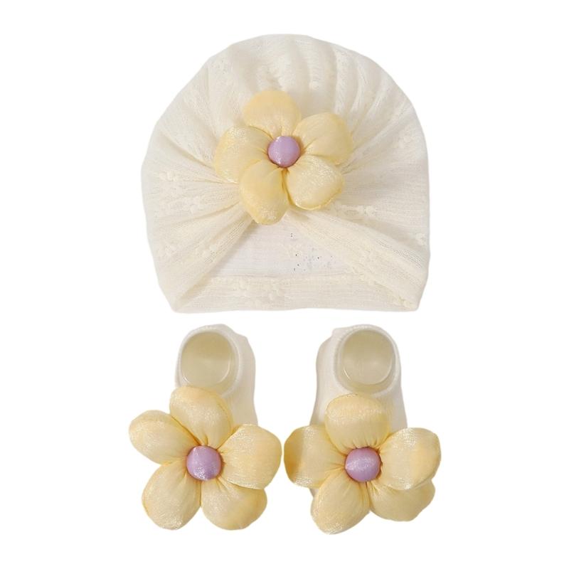 Baby Turban Hat Soft Stretchy Flower Headwear for Infant Stylish Bonnet Caps with Matching Socks Clothing Accessory