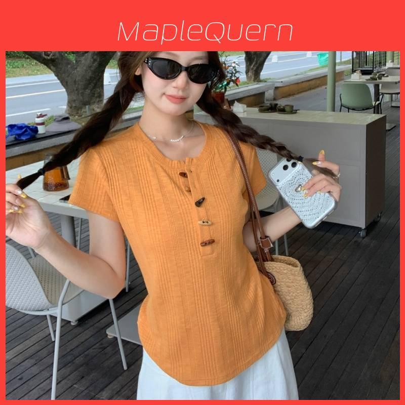 Polyester Short Sleeve T Shirt For Women With Solid Color And Button Design For Daily Wear