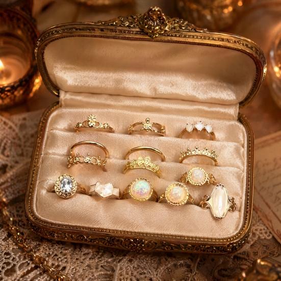 14-teiliges/Set Damen-Ringe Set, Hohlmusterringe in verschiedenen Größen mit farbigen Muschel-Intarsien, Stapelbares leichtes Schmuckgeschenk-Set