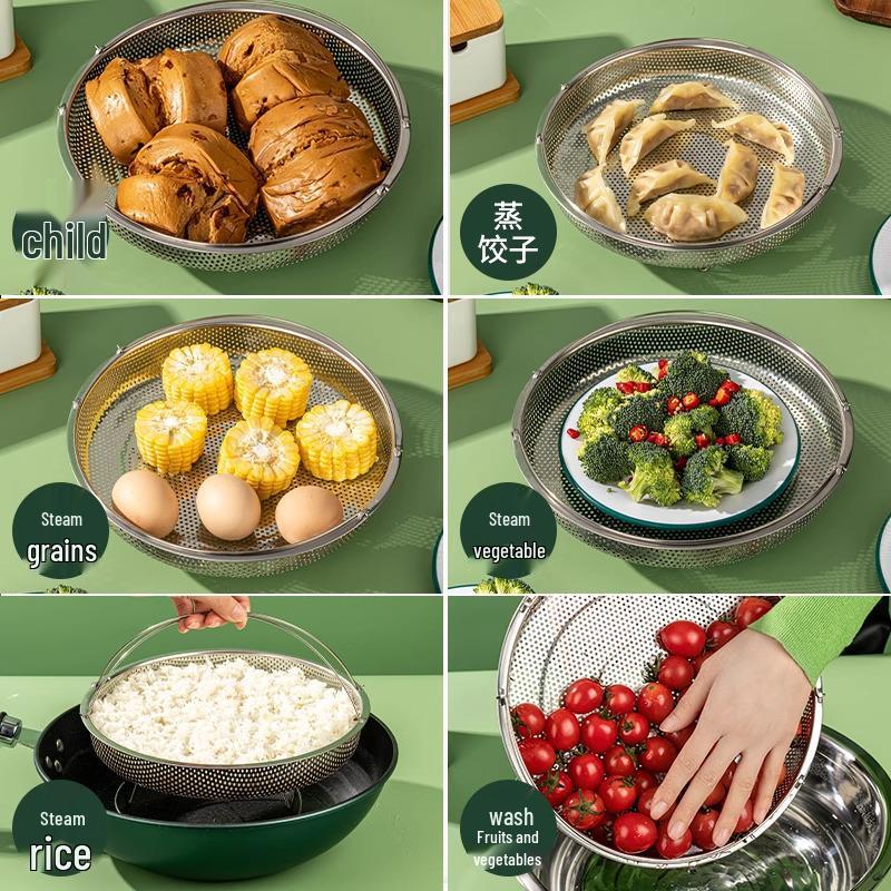 Stainless Steel Multi-Cooker: Steamer, Drain Basket, Rice Sieve, and Pot with Handle