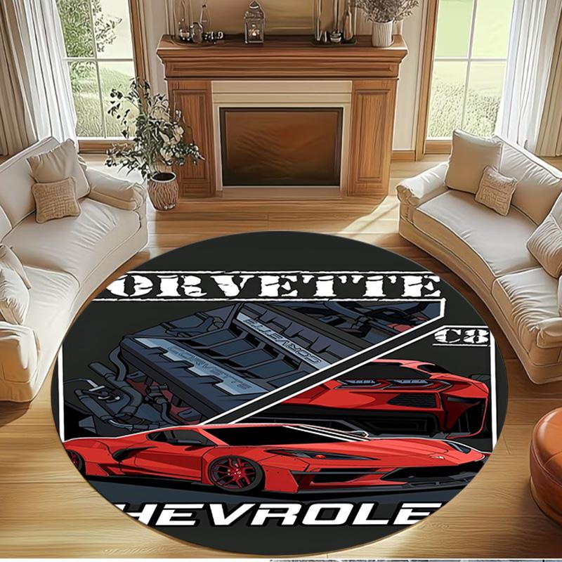 Chevrolet Corvette Print Round Rug, Washable Floor Carpet, For Entryway Dorm Laundry Room Office Study, Home Decor Birthday Christmas Gift