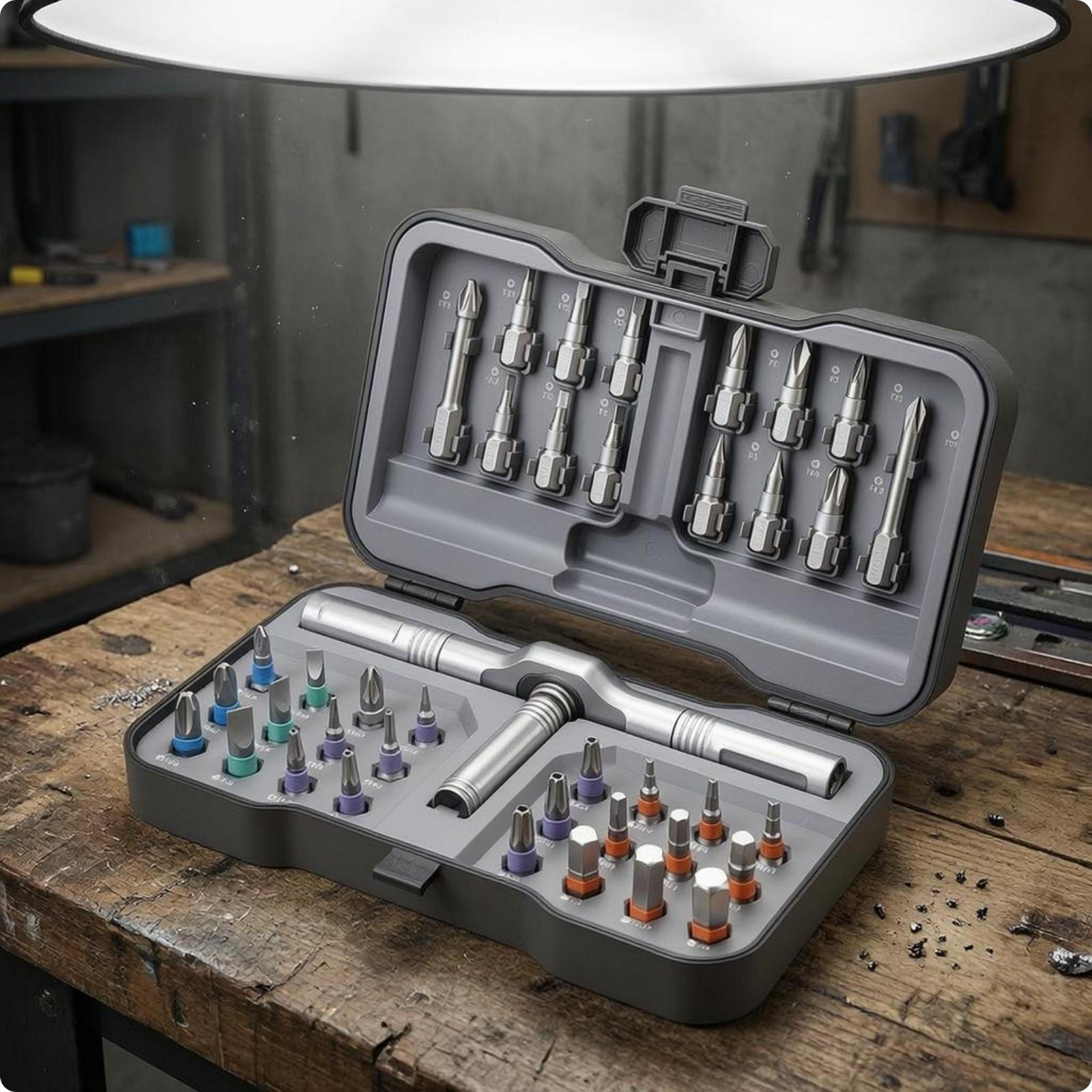 Precision Ratcheting Screwdriver Set Hinged Lid Multi Bit Kit Molded Tray Repair Tool