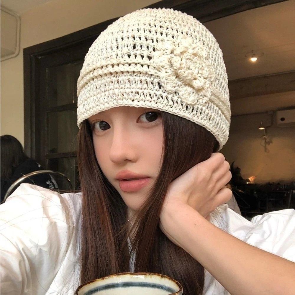 Flower Knitted Caps Hollow Sequin Crochet Hat Y2k Style Beanies Cap