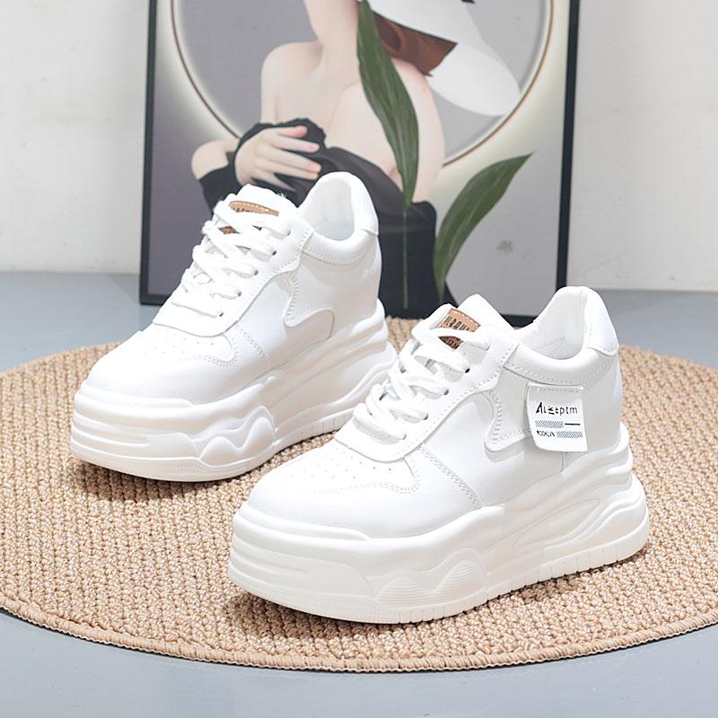 Fashion 8CM Cow Genuine Leather Comfy Casual Autumn Ladies Vulcanize Women Chunky Sneakers Breathable Platform Wedge High Brand