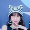 Japanese Cute Stripe Little Devil Pom-pom Knit Hat with Ear Protection for Autumn and Winter Warmth