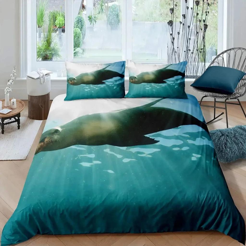 Seal Duvet Cover King Size Lovely Swimming Seal Bedding Set Cute Ocean Exotic Style 2/3Pcs Marine Life Polyester Comforter Cover
