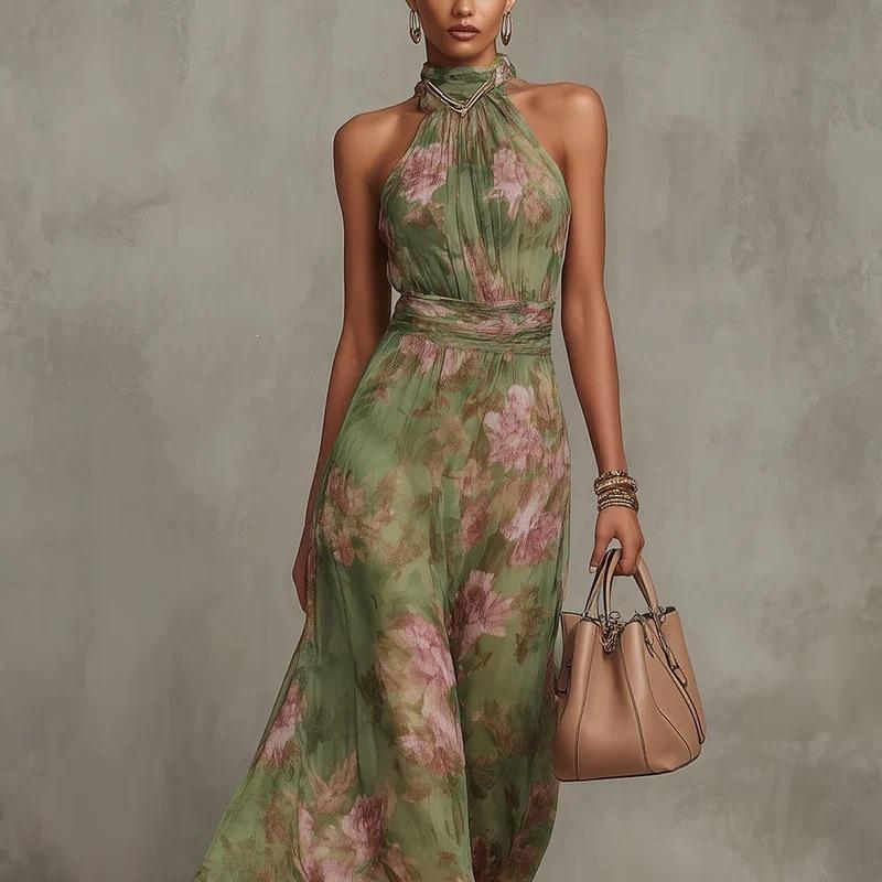 European Style Women Clothing Pleated Off-shoulder Print Sexy Spaghetti Strap Maxi Dress