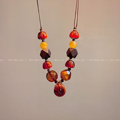 Vintage Wood Amber Special-shaped Resin Beaded Pendant Necklace Women's Leather Rope Ethnic Style Long Sweater Chain