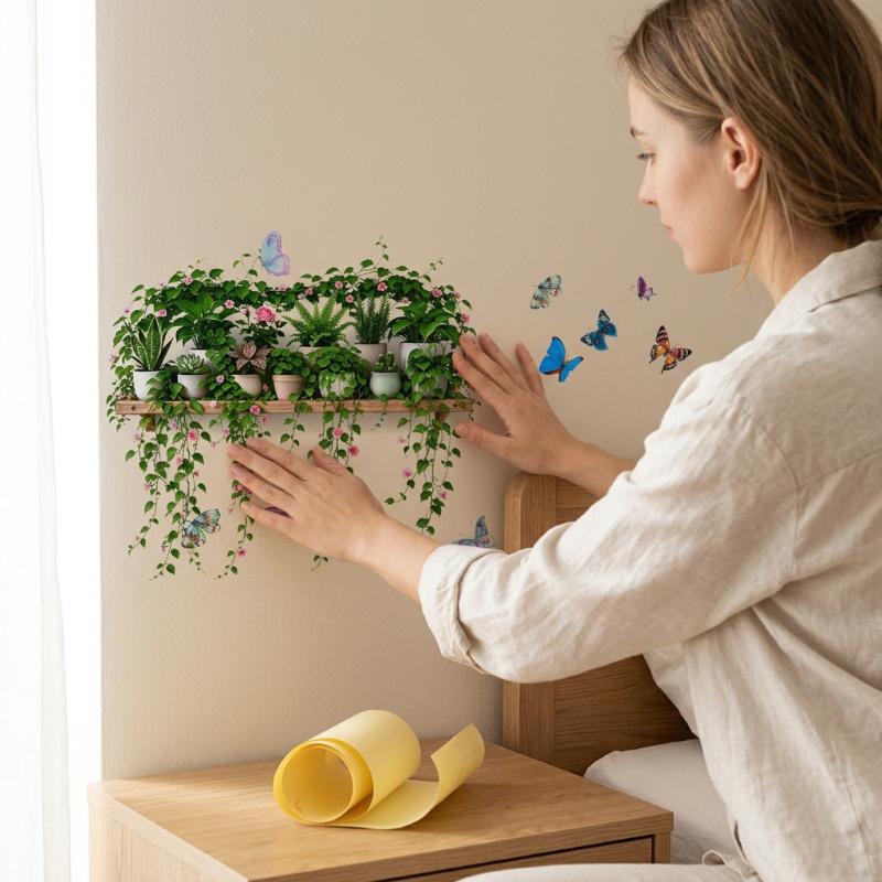 Potted Plant Flowers Leaves And Butterfly Wall Sticker Self-Adhesive Cartoon Stickers Removable Kitchen Living Room Home Decor
