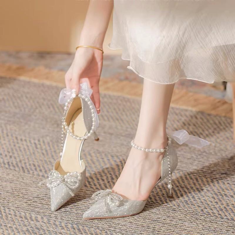 Silver high heels fairy 2025 new crystal wedding shoes bride shoes new French stiletto not tired feet single shoes