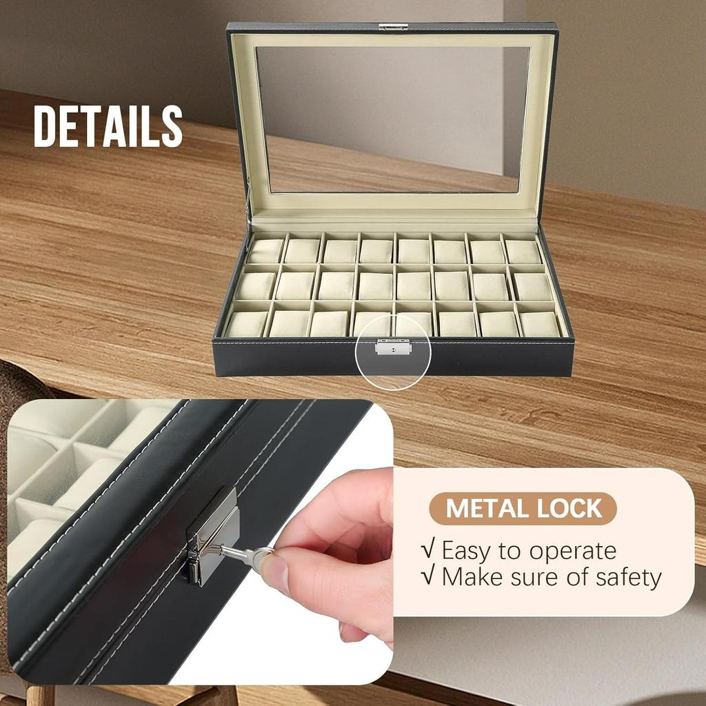 Watch Display Case Glass Top for Men Women PU Leather Display Storage Collection Organizer Jewelry Case with Removable Pillows