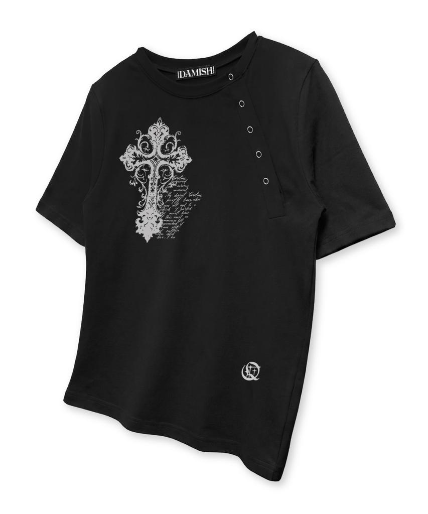 Damiswi Vintage Cross Diagonal Button T-Shirt_Black