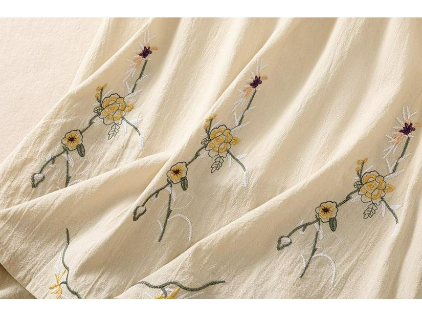 Embroidered Cotton Linen A-line Skirt - High Waist, Wide Hem, Casual Fit