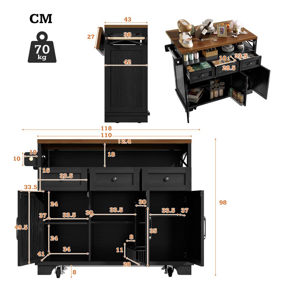 Modern Kitchen Island (118×43-70×98cm) with Wood Grain, Cart with Wheels, Multifunctional Storage, Removable Dividers, Towel Holder, Black