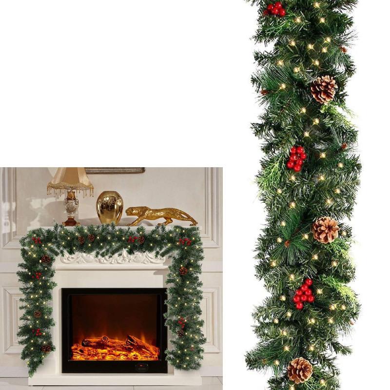 Garland 6ft Christmas Led Light Up Wreaths Red Berry Rattan Xmas Fireplace Decor