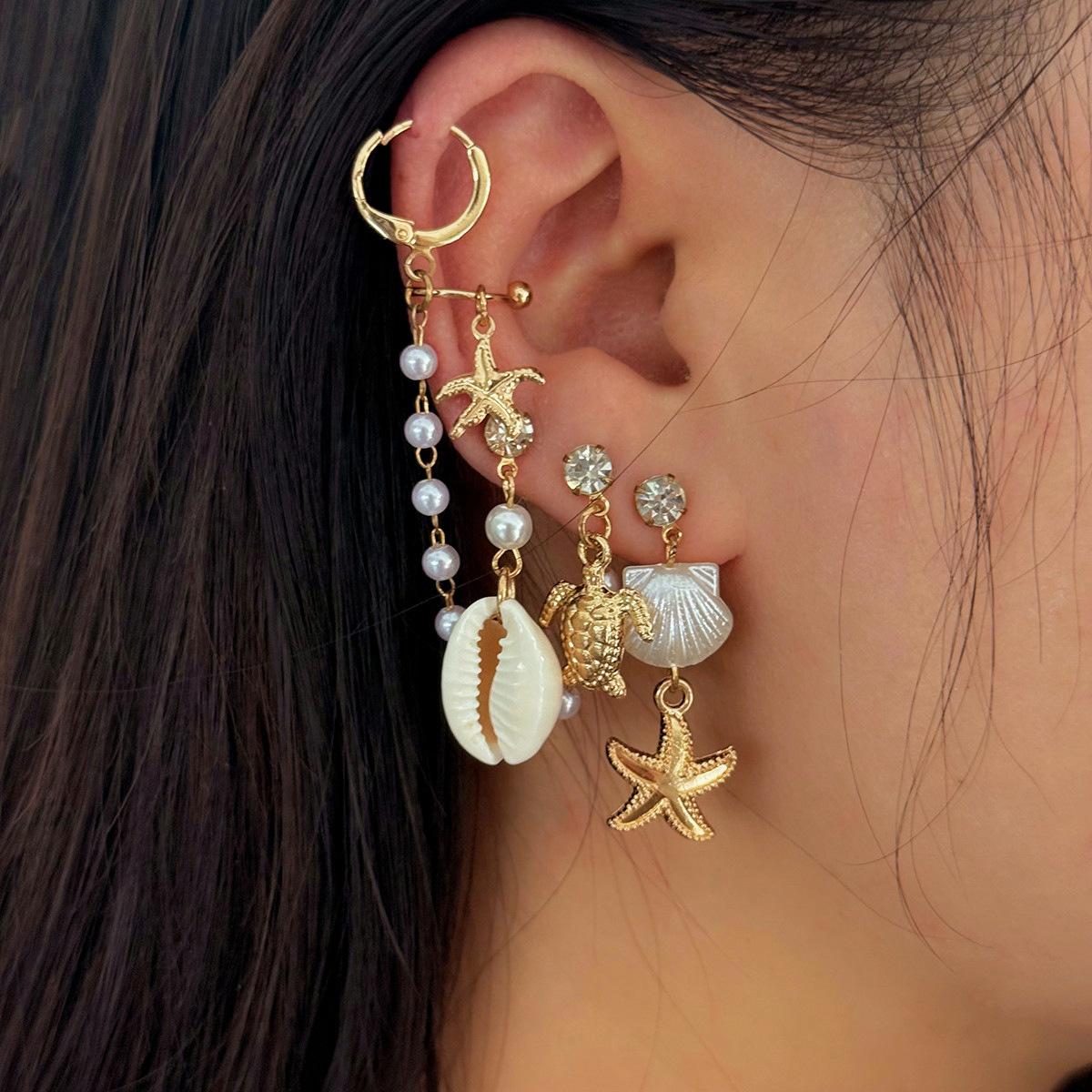 Delicate Pearl Beaded Tassels Earrings for Women Ocean Conch Starfish Pendant Crystal Chain Hoop Earrings Ear Clip Zircon Set белый