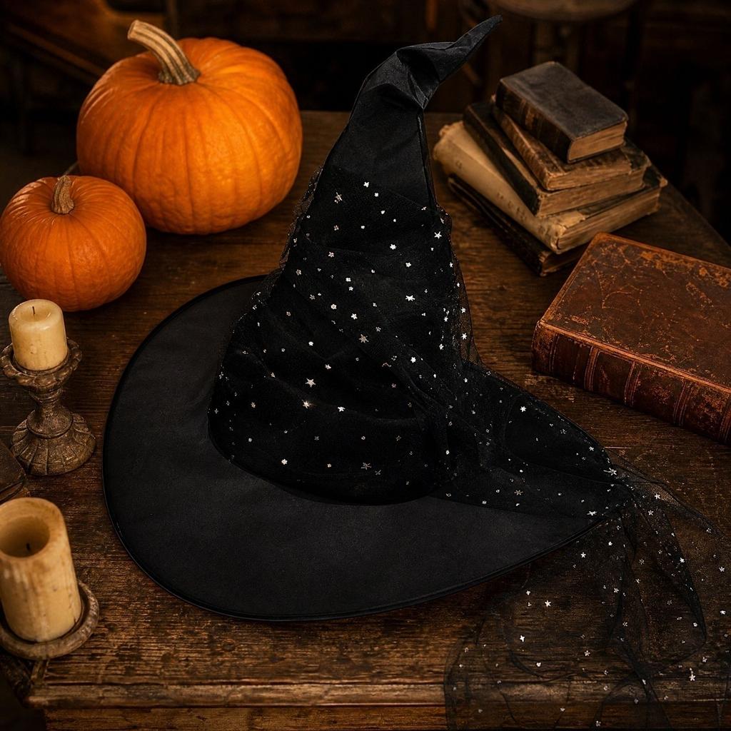 Black Pleated Mesh Witch Hat for Halloween