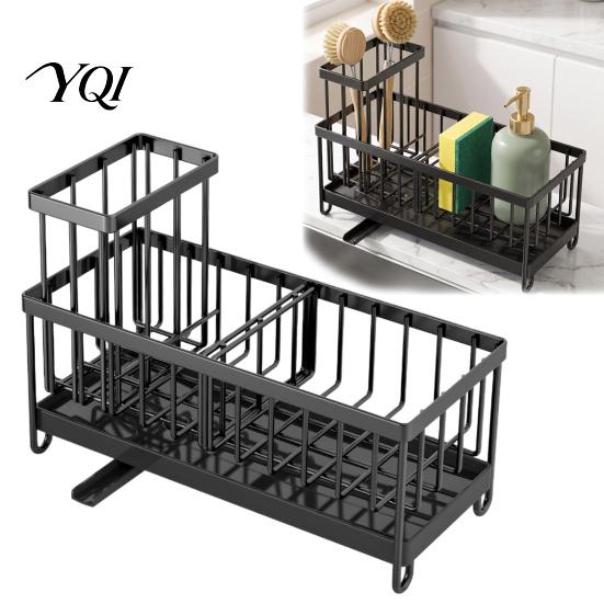 Detachable Compartment Rack Sink Caddy Organizer with Drain Tray, Durable Carbon Steel Sponge Holder, Kitchen Gadget Storage Space Saving for