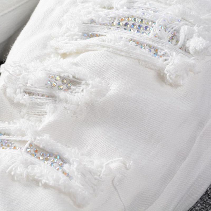 White Jeans High Street Broken Holes with Diamonds Jeans Men's Elastic Slim Jeans