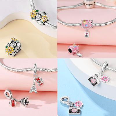 Original Copper Suitcase Pink Camera Plane Paris Tower Charms Beads Pendant Fit Diy Women Bracelet Jewelry Delicate Gifts