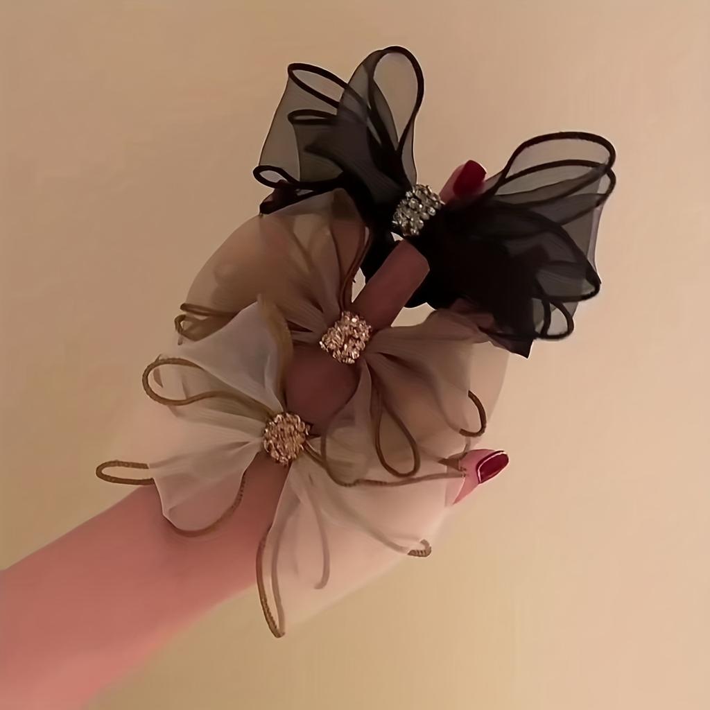 3Pcs Elegant Vintage Rhinestone Bow Headband - High Elastic Ladies Headwear, Mesh and Fabric Design