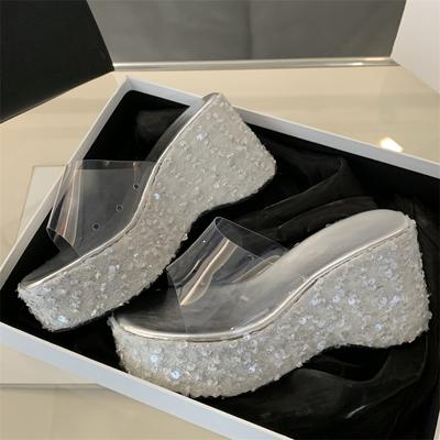 Sandales compensées à plateforme tendance pour femmes, pantoufles d'été à talons hauts, chaussures élégantes en tissu à paillettes et PVC transparent