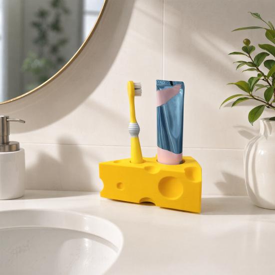 3D Printed Toothpaste Storage Rack, Cheese Shaped Toothbrush Holder, Moisture-Proof Multi-Sized Holes Organizer for Bathroom