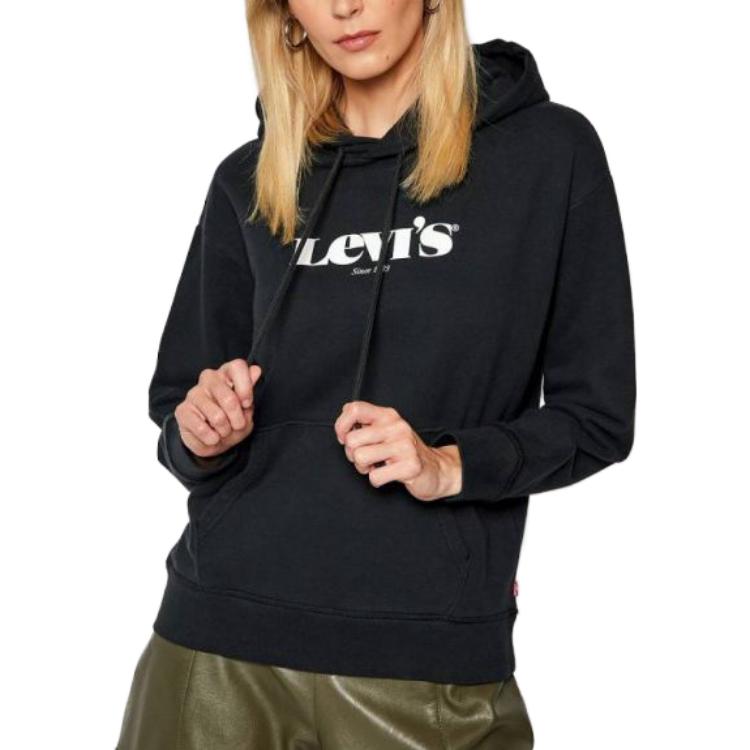 Levis Hooded Logo Print Sweatshirt Women Tops Black 18487-0004