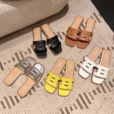 Hollowed Out and Thin Square Head Soft Bottom Versatile Flat Bottom One Word Beach Wear Leather Slippers Female Summer