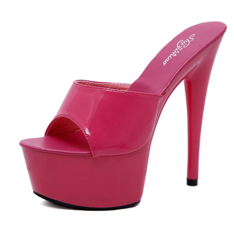 

New patent leather drag extra high heels stiletto sexy black waterproof table hate sky high super high heels sandals women s summer 43