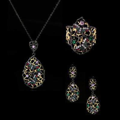 2026 Black Gold Three-piece Multi-color Natural Stone Geometric Two-color Flower Ring Necklace Earrings Jewelry Set