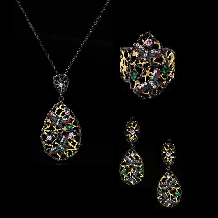 2026 Черное Золото Трехпредметный Многоцветный Натуральный Камень Геометрический Двухцветный Цветок Кольцо Серьги Набор Украшений 6