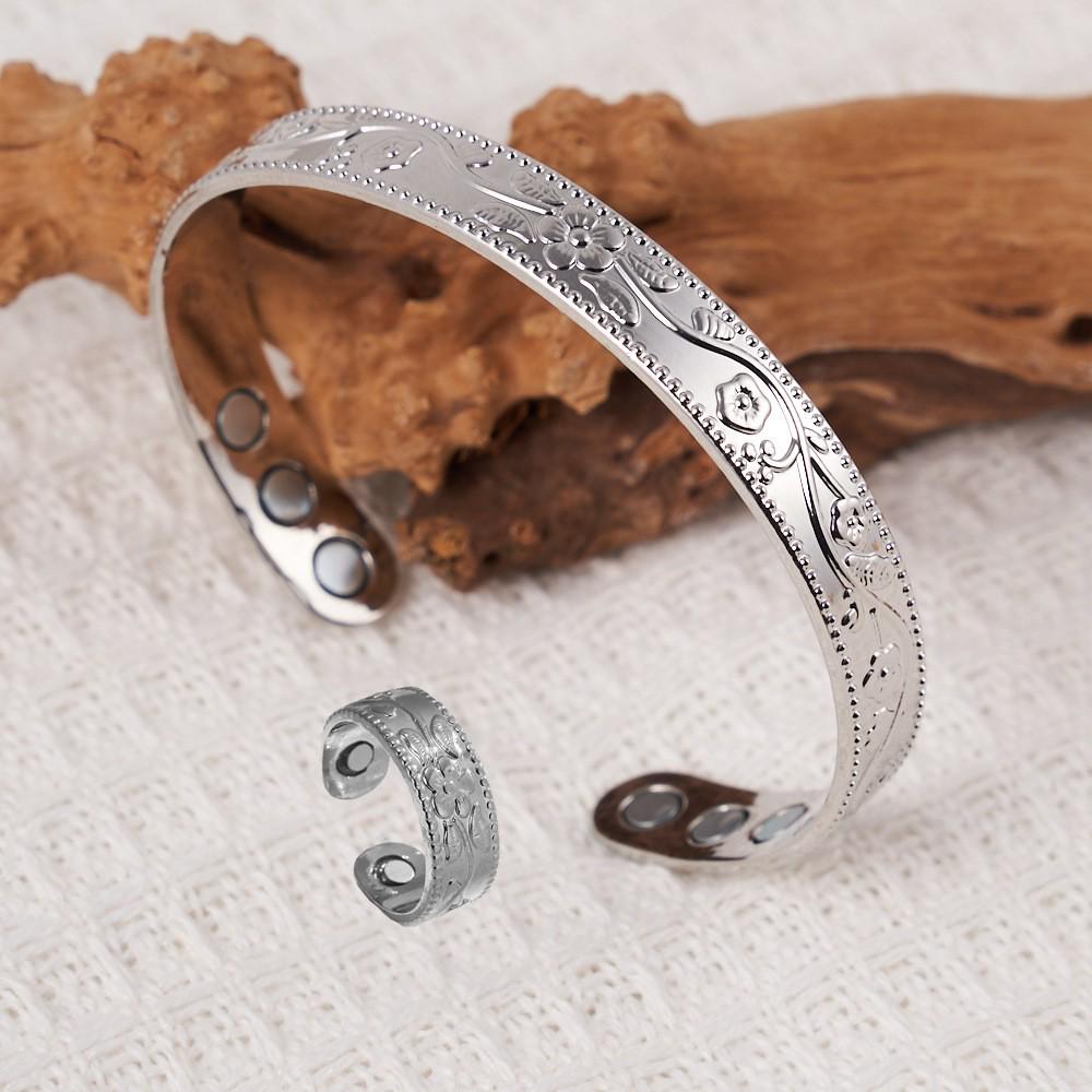 Retro Style Flower Magnet Bracelet & Ring Set In Red Copper for Couples