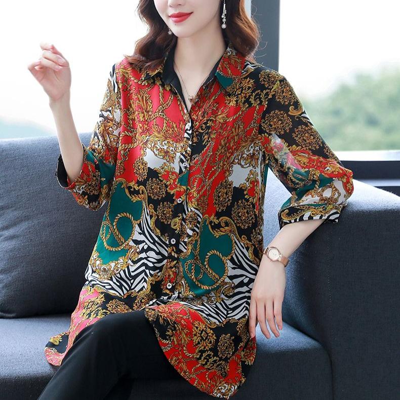 Large Size Shirt Women's Mid Length Chiffon Floral Shirt Summer Sun Protection Shirt T-shirt
