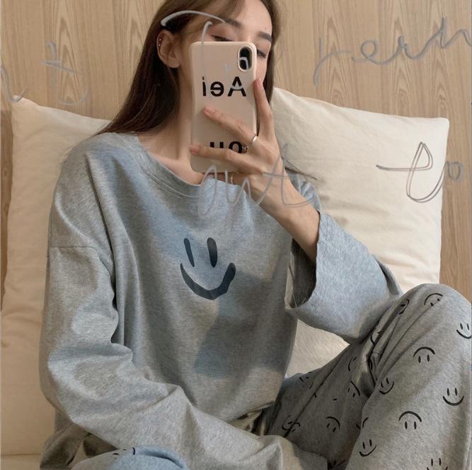 2024 Korean Style Women's Smiley Face Pajama Set - Spring/Autumn Long Sleeve Solid Color Homewear