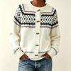 Womens Oversized Crewneck Knit Cardigan With Colorblock Geometric Acrylic Blend Loose Fit Fall Winter Sweater