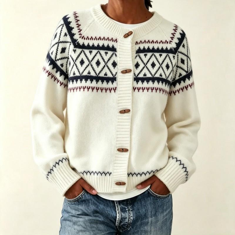 Womens Oversized Crewneck Knit Cardigan With Colorblock Geometric Acrylic Blend Loose Fit Fall Winter Sweater