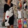 Dámské letní šaty s výstřihem do V Folk-custom Plus Size Print Volné šaty se středním rukávem