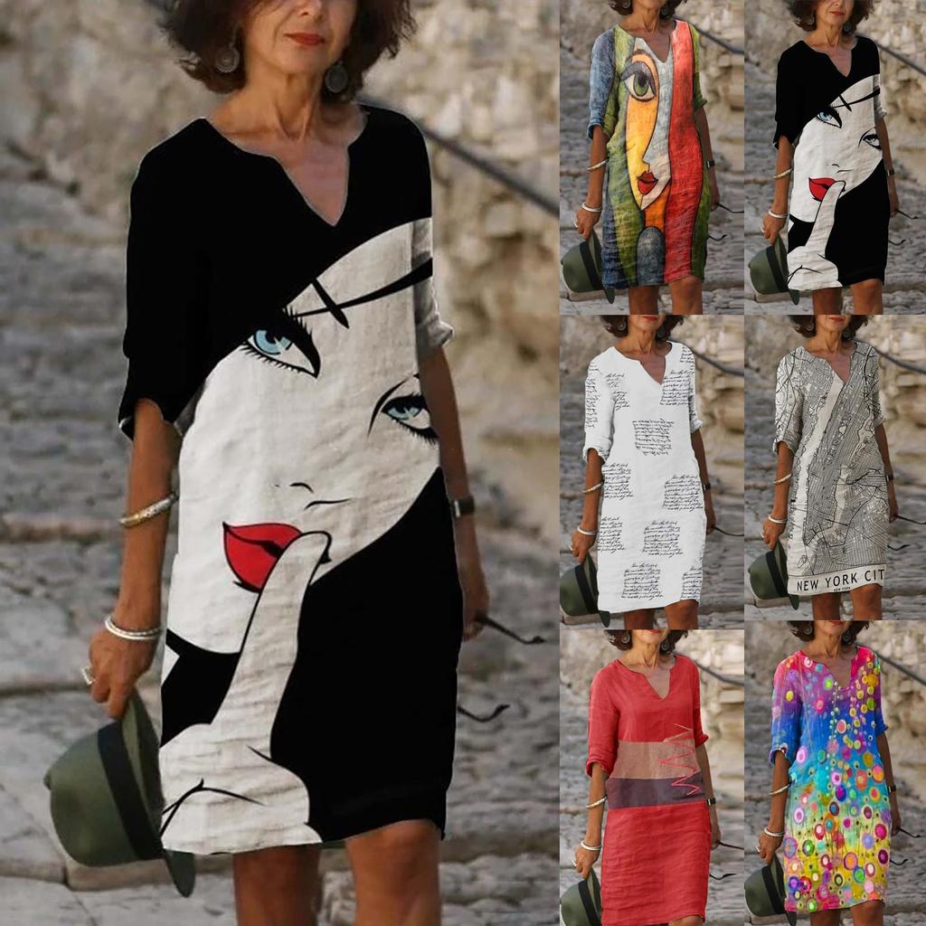 Women Summer V-neck Folk-custom Plus Size Print Loose Mid-sleeve Dress