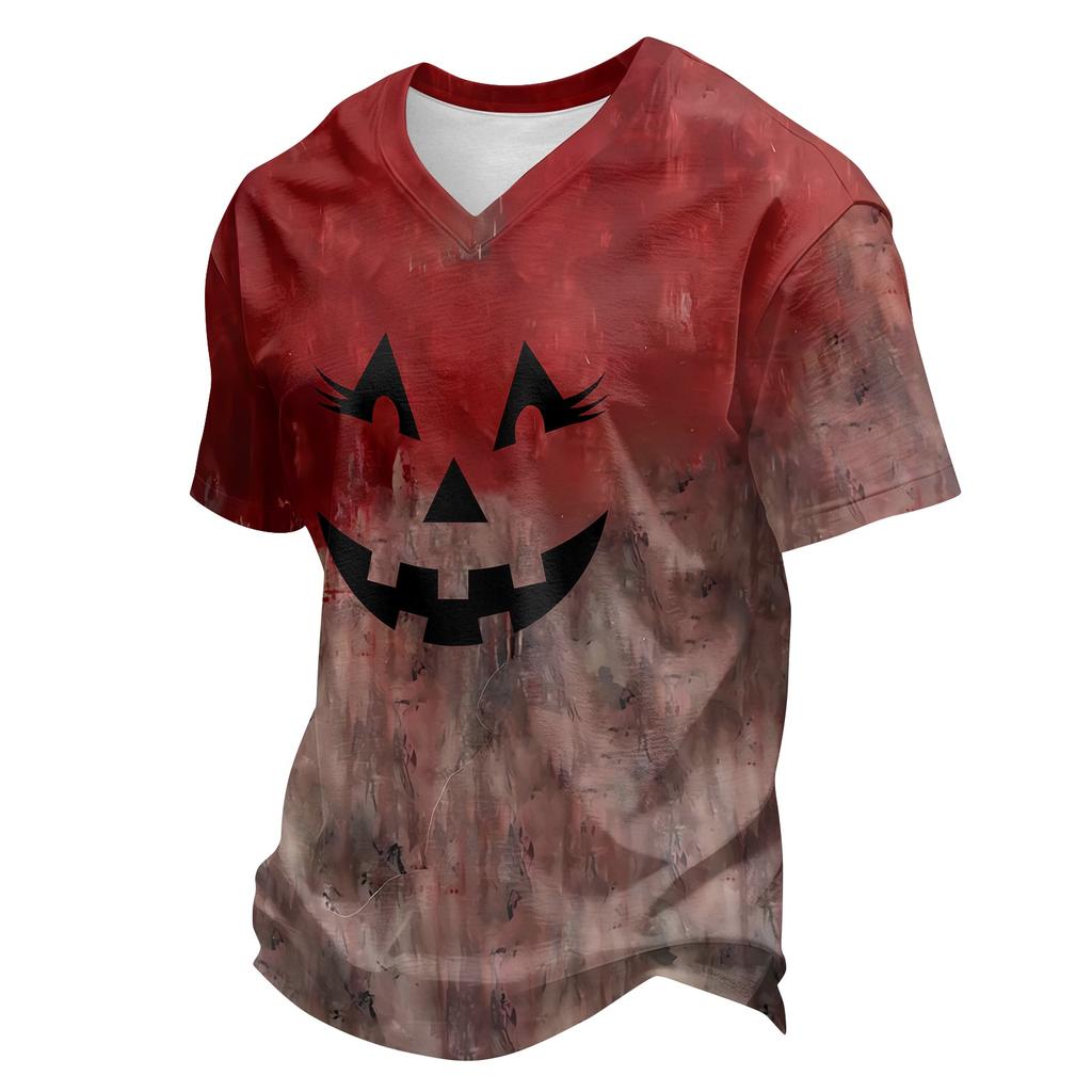 Men's Halloween V-Neck Short Sleeve T-Shirt, Lightweight Breathable Casual Print Tee, Fun Holiday Top for Costume Party